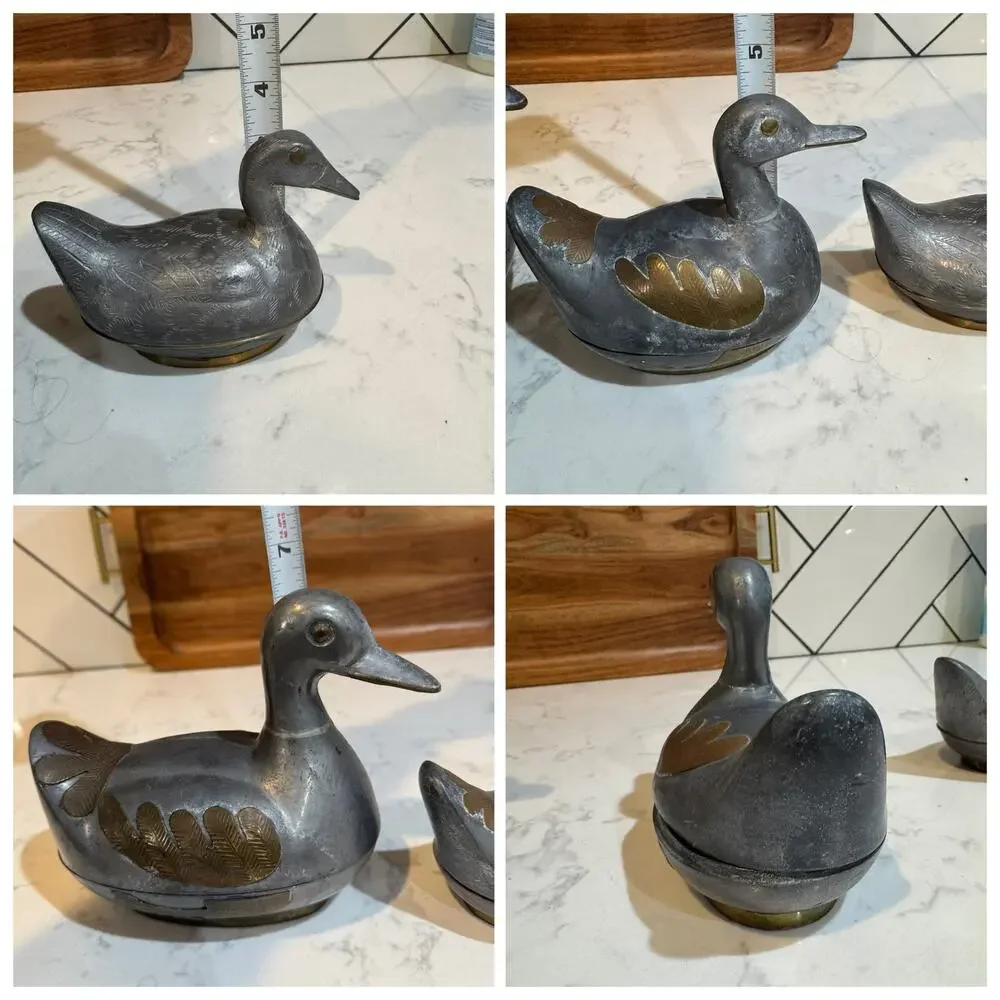 vintage pewter brass duck trinket boxes made in Hong Kong cabin rustic MCM
